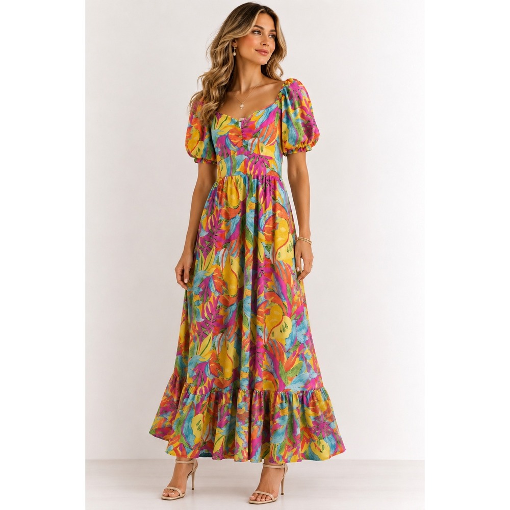 Skies Are Blue Maxi Dress Small Tropical Floral‎ Puff Sleeve Smocked Back Pocket